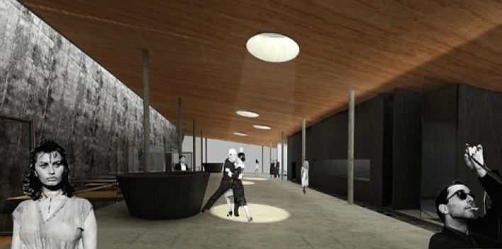 Vista interna do foyer no segundo pavimento com passarelas de conexão com teatros à esquerda<br />Imagem do autor do projeto 
