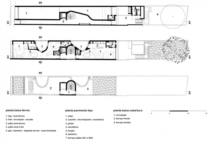 Edifício Península, plantas térreo, tipo e cobertura, Porto Alegre, Brasil, 2013. Arquitetos Cristiano Kunze e Nathalia Cantergiani