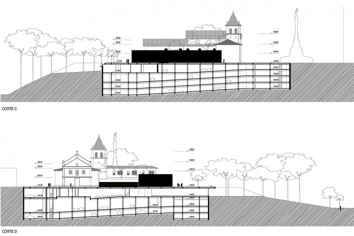 Readequação para o Pateo do Colégio, cortes CC e DD, São Paulo SP Brasil, 2013. Arquiteto Pedro Mendes da Rocha/ Arte 3 Arquitetura<br />Imagem divulgação  [Acervo Arte 3 Arquitetura]
