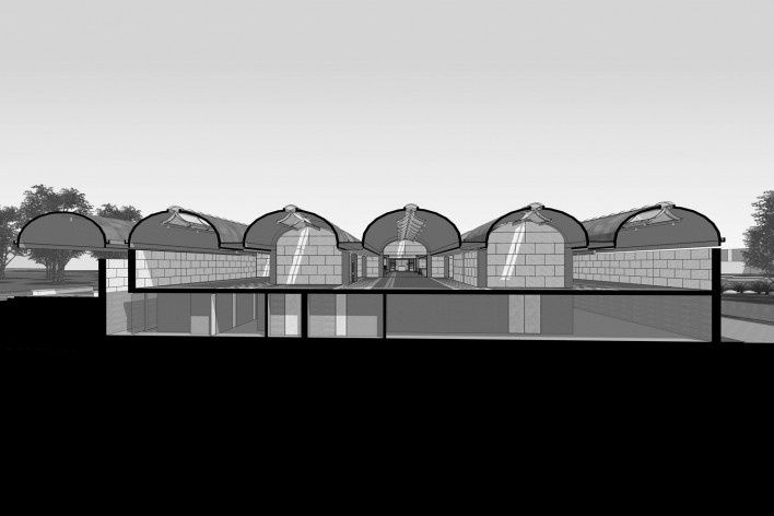 Museu de Arte Kimbell, corte perspectivado, Fort Worth, Texas, EUA, 1972. Arquiteto Louis I. Kahn<br />Modelo tridimensional Miguel Bernardi / Imagem Edson Mahfuz 