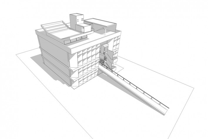 Associação da Indústria Têxtil, vista externa do edifício, Ahmedabad, Gujarat, Índia, 1954. Arquiteto Le Corbusier<br />Elaboração/ Elaboración Edson Mahfuz 
