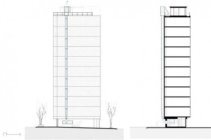 Subsolanus, elevação frontal e corte transversal, Cidade do México, 2015-2016. Arquitetos Anna Juni, Enk te Winkel e Gustavo Delonero (Vão Arquitetura) + Marina Canhadas<br />Imagem divulgação 