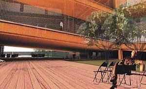 Sede do Grupo Corpo, vista do páteo interno e área de convívio<br />Imagem dos autores do projeto 