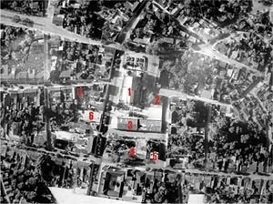 Situação atual do Largo da Matriz
1. Igreja Matriz 2. Casa Paroquial 3. Salão Paroquial 4. Largo da Matriz 5. Correios 6. Teatro 7. Cinema<br />Imagem dos autores do projeto 