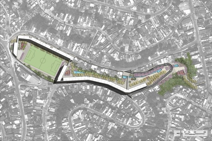 Parque Novo Santo Amaro V - Programa Mananciais, implantação, São Paulo SP Brasil, 2009 – 2012. Arquitetos Héctor Vigliecca, Luciene Quel, Neli Shimizu e Ronald Fiedler Werner / Vigliecca & Associados<br />Imagem divulgação  [Acervo Vigliecca & Associados]