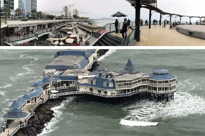 Acima, Restaurante La Rosa Nautica, Lima, 1983; abaixo, Shopping Center Larcomar, Lima, 1998<br />Foto José Lira 