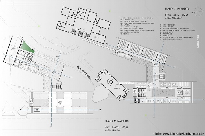 Centro de Referência em Empreendedorismo do Sebrae-MG, plantas primeiro e segundo pavimentos, menção honrosa. Arquiteto Érico Flumignan Pacheco, 2008<br />Desenho escritório 