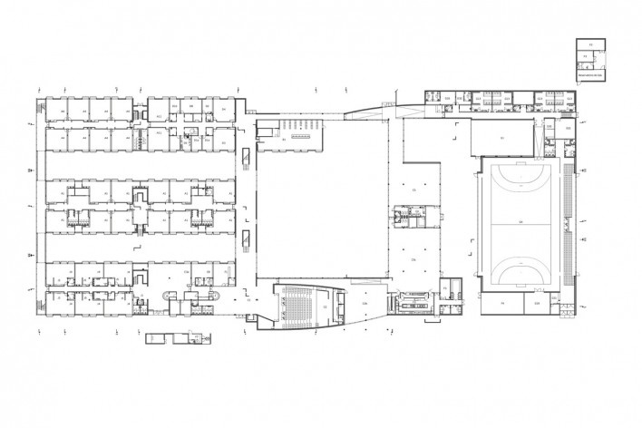 Escola Gaspar Frutuoso, planta térreo, Ribeira Grande, Azores, Portugal, 2016. Arquiteto Carlos Almeida Marques<br />Imagem divulgação  [Acervo Arquiteto Carlos Almeida Marques]