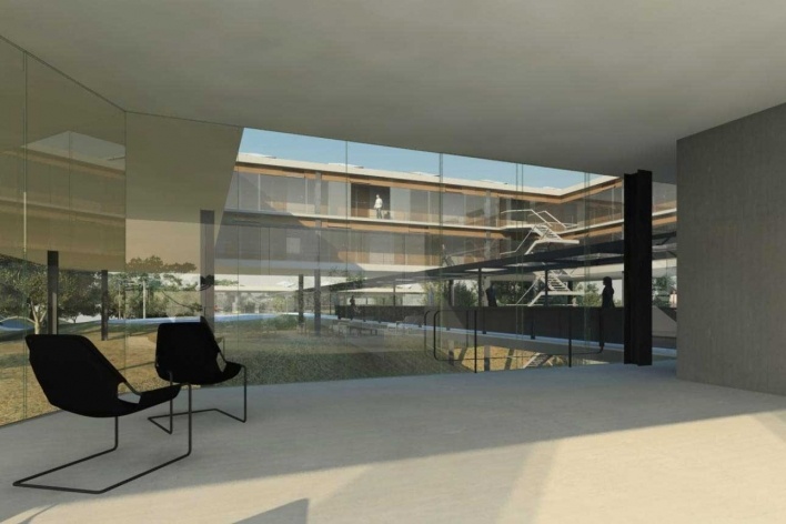 Alojamento em Campos do Jordão, vista interna, Campos do Jordão. MMBB Arquitetos, 2009<br />Modelo eletrônico Marcelo Yukio Nagai, Vito Macchione e Yuri Vital 
