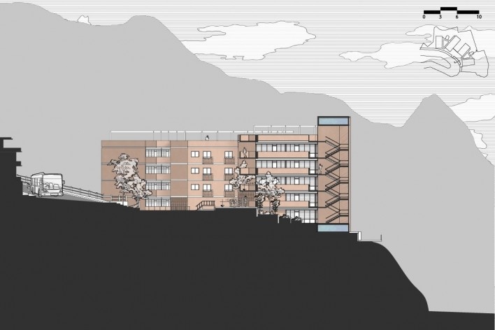 Habitacional Humuarana, corte longitudinal com circulação vertical de acesso aos pavimentos, Rio de Janeiro, 2020. Arquiteto Luiz Carlos Toledo e estagiário Maciel Antônio da Silva
