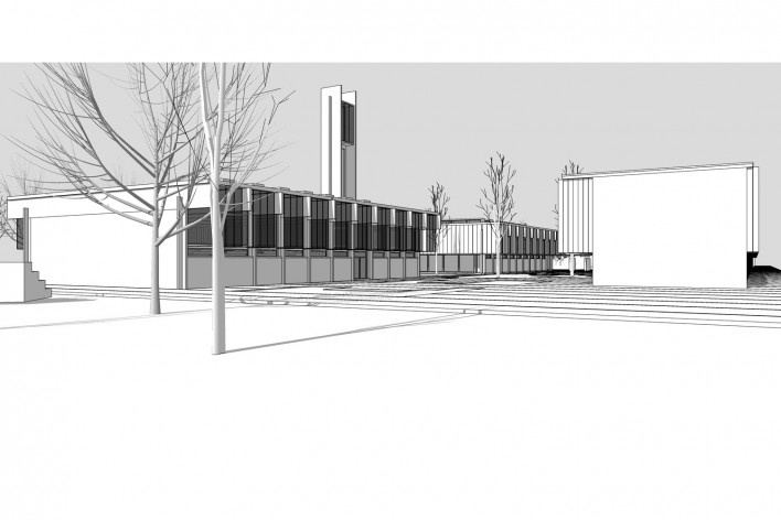 Saint Catherine’s College, vista do extremo sul do conjunto, Oxford, Inglaterra, 1959-1964, arquiteto Arne Jacobsen<br />Modelo tridimensional de Edson Mahfuz e Ana Karina Christ 