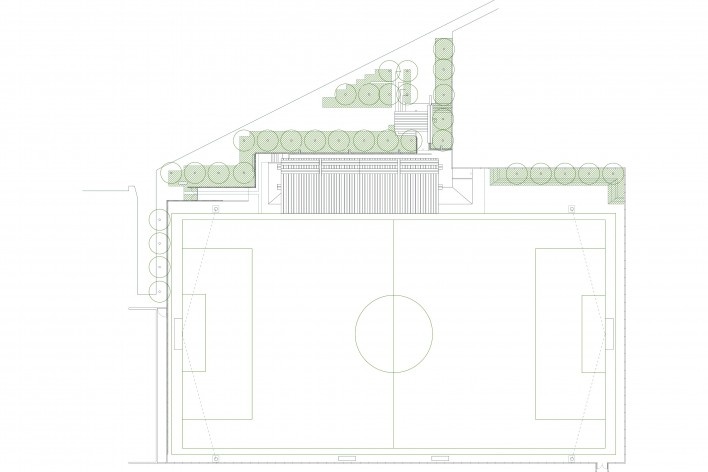 Campo de fútbol A Gandareira, planta baja cubierta, Silleda, Pontevedra, España, 2018. Arquitectos Abraham Castro Neira y Carlos Alberto Pita Abad<br />Imagén divulgacíon  [Colección Abraham Castro Neira y Carlos Alberto Pita Abad]