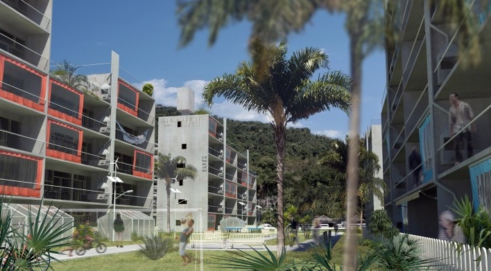 Vista do jardim coletivo. Concurso Habitação para Todos. CDHU. Edifícios de 6/7 pavimentos - 2º Lugar.<br />Autores do projeto  [equipe premiada]