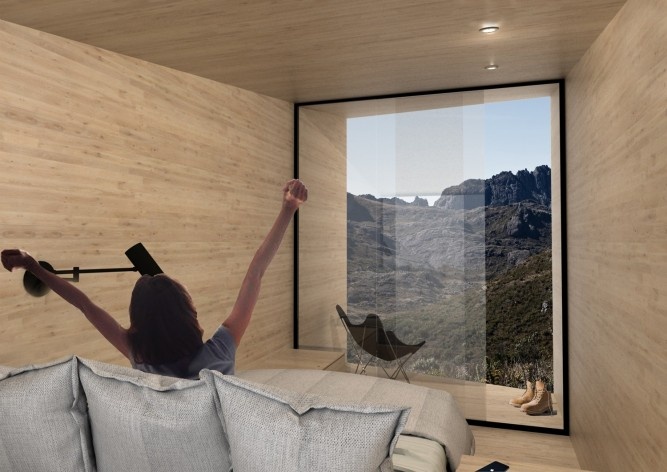 Parque Nacional de Itatiaia, maquete eletrônica do Núcleo da Montanha (glamping parte alta, vista interna / sistema construtivo em woodframe), Rio de Janeiro Brasil / Minas Gerais Brasil, 2017. Arquitetos Pedro Paes Lira, Manoela Machado, Camila Sanches, <br />Imagem divulgação  [Acervo Natureza Urbana]