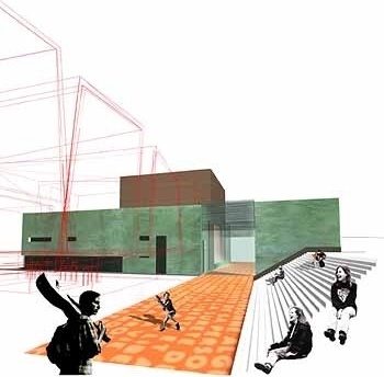 Vista da passarela com a arquibancada e o teatro ao fundo<br />Imagem dos autores do projeto 