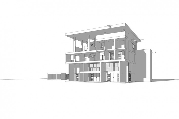 Casa Shodhan, vista externa do edifício, Ahmedabad, Gujarat, Índia, 1951-56. Arquiteto Le Corbusier<br />Modelo tridimensional Gabriel Johansson Azeredo / Imagem Edson Mahfuz 