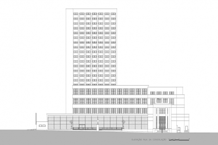 Modernização da Biblioteca Mario de Andrade, elevação Rua da Consolação. Piratininga Arquitetos Associados, 2010<br />Desenho escritório 