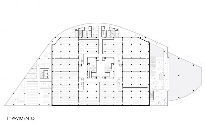 Concurso Anexo da Biblioteca Nacional, planta pavimento 1, Rio de Janeiro, 3º lugar, arquiteto Renato Dal Pian<br />Imagem divulgação 
