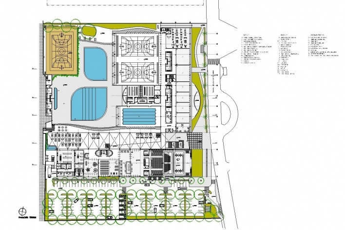 Concurso de Propostas Arquitetônicas para o futuro SESC Guarulhos, 5º lugar, planta pavimento térreo. Escritório Ricoy Torres Consultoria e Projetos<br />Desenho divulgação 
