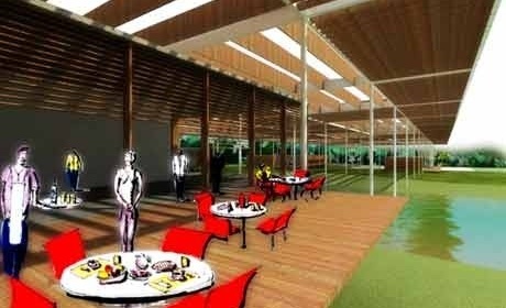 Vista do deck do café sobre o espelho d'água<br />Imagem dos autores do projeto 
