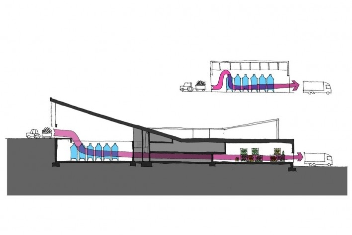 Sección longitudinal gravedad. Bodega Institucional La Grajera. Virai Arquitectos. Londroño, España, 2011<br />divulgación 