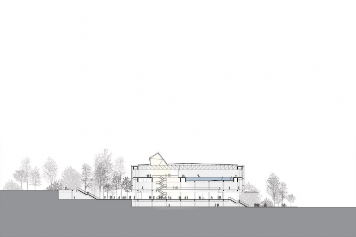 Concurso de Propostas Arquitetônicas para o futuro SESC Guarulhos, corte escada, 8º lugar. Andrade Morettin Arquitetos<br />Desenho equipe 