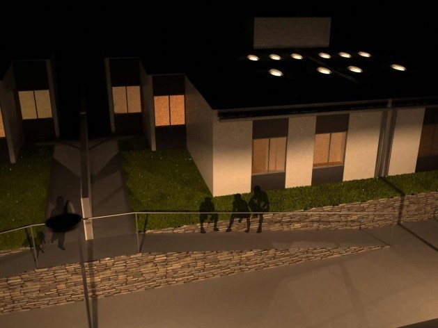 Perspectiva externa noturna. Concurso Habitação para Todos CDHU. Casas escalonadas - Menção honrosa.<br />Autores do projeto  [equipe premiada]