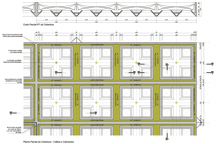 Proposta para Sobre-Cobertura do Edifício Vilanova Artigas, sede da FAU-USP, corte parcial ff da cobertura e planta parcial da cobertura - calhas e caimentos. Arquiteto Pedro Paulo de Melo Saraiva, 2009<br />Imagem escritório 