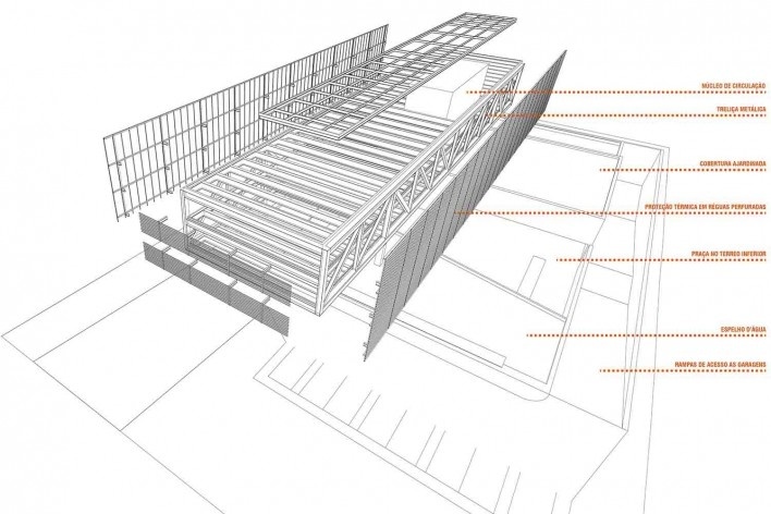 Nova sede da Confederação Nacional de Municípios – CNM, esquema da estrutura, Brasília DF, 2016. Arquitetos Luís Eduardo Loiola e Maria Cristina Motta / Mira Arquitetos<br />Desenho divulgação 