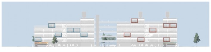 Fachada da rua. Concurso Habitação para Todos. CDHU. Edifícios de 6/7 pavimentos - 2º Lugar. <br />Autores do projeto  [equipe premiada]