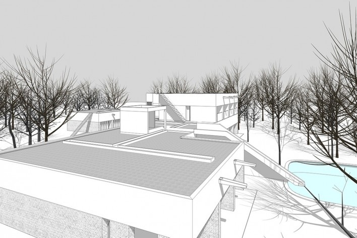 Casa Sarabhai, vista externa do edifício, Shadibag, Ahmedabad, India, 1952-55. Arquiteto Le Corbusier<br />Modelo tridimensional Matheus Bragagnolo / Imagem Edson Mahfuz 