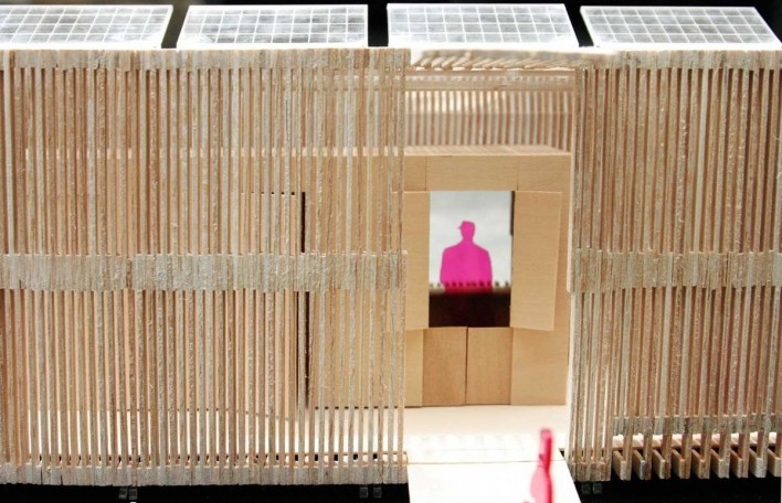 Projeto de quiosque para parques públicos de São Paulo, foto da maquete, Beni Goltsman Barzellai, Guilherme de Barcellos Lozinsky, Mariana Magalhães Costa e Patricia Tinoco. 1º. prêmio categoria estudantes, 2009.