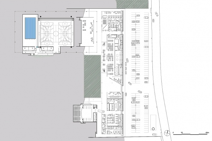 Concurso de Propostas Arquitetônicas para o futuro SESC Guarulhos, 6º lugar, planta nível inferior 2. Escritório MMBB Arquitetos<br />Desenho divulgação 