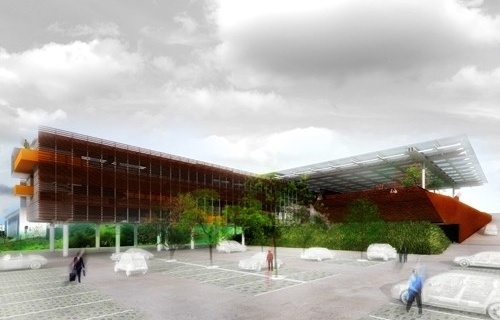 Vista externa do estacionamento<br />Desenho do escritório 