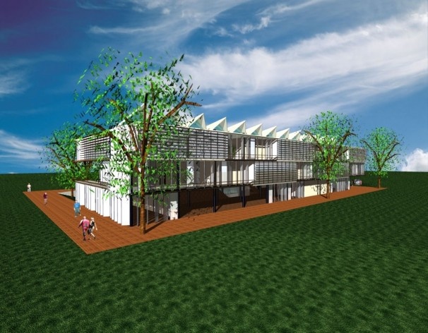 Perspectiva Geral (fach. n/L) -cobertura mista de pvc e vidro, brises da fachada norte que podem ser rotacionados,sendo de chapa de metal escura de um lado(p/ verão), e de pvc do lado oposto(p/ inverno), iluminando o quarto mais intensamente<br />Imagem dos autores do projeto 
