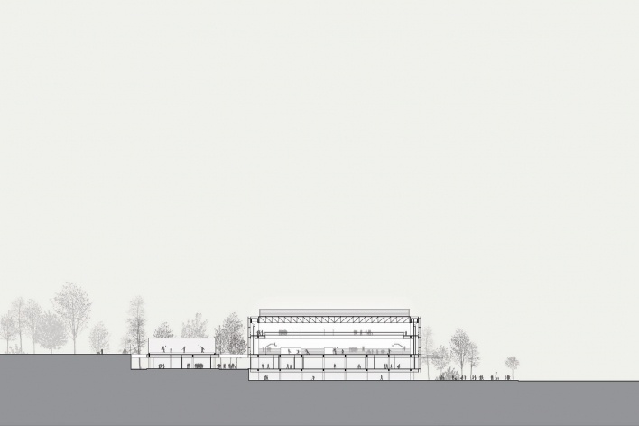 Concurso de Propostas Arquitetônicas para o futuro SESC Guarulhos, corte ginásio, 8º lugar. Andrade Morettin Arquitetos<br />Desenho equipe 
