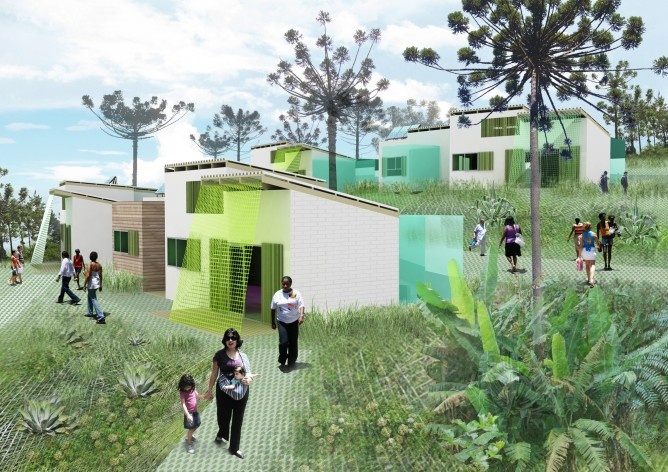 Visualização. Concurso Habitação para Todos. CDHU. Casas escalonadas - 2º Lugar.<br />Autores do projeto  [equipe premiada]