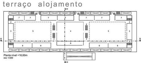 Terraço do Alojamento. Legenda: 1. Acesso exclusivo Alojamento; 2. Acesso Alojamentos; 3. Lavanderia; 4. Refeitório; 5. Praça; 6. Cozinha; 7. Estar / TV; 8. Sala de Estudos.<br />Imagem dos autores do projeto 