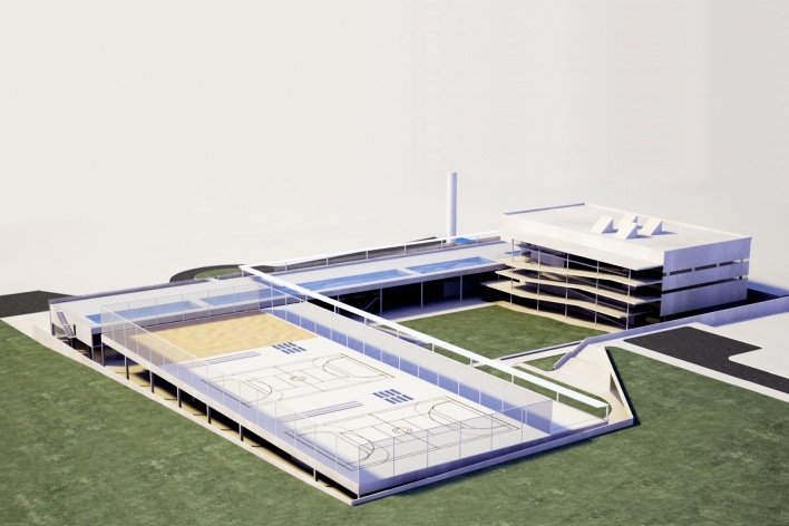 Concurso de Propostas Arquitetônicas para o futuro SESC Guarulhos, 6º lugar, vista geral oeste. Escritório MMBB Arquitetos<br />Desenho divulgação 