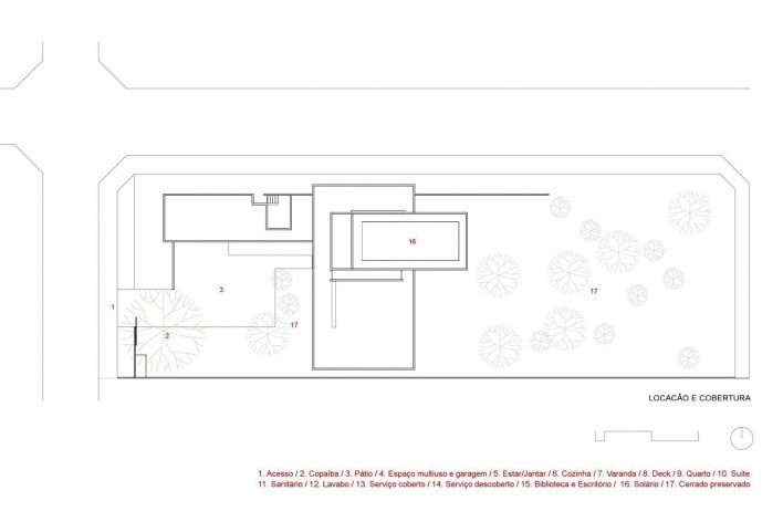 Arquiteto Fabiano Sobreira. Casa da Copaíba, Brasília, 2012. Planta de locação e cobertura