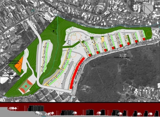 Implantação e corte – terreno de Capão Redondo. Concurso Habitação para Todos. CDHU. Edifícios de 4 pavimentos - Menção honrosa.<br />Autores do projeto  [equipe premiada]