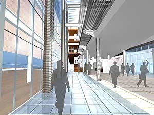 Vista interna do foyer<br />Imagem da equipe premiada 