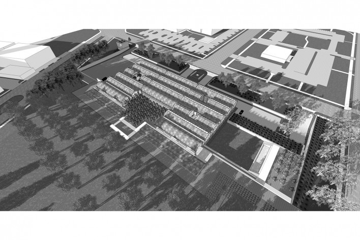 Museu de Arte Kimbell, vista aérea, Fort Worth, Texas, EUA, 1972. Arquiteto Louis I. Kahn<br />Modelo tridimensional Miguel Bernardi / Imagem Edson Mahfuz 