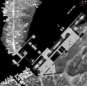 Implantação – uso misto: habitação, comércio, serviços, equipamentos públicos, oficina-escola estaleiro e cooperativa dos pescadores<br />Imagem dos autores do projeto 