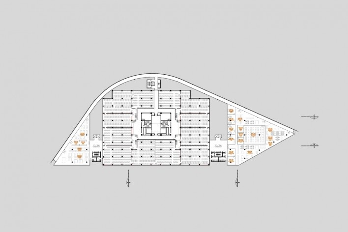 Concurso Anexo da Biblioteca Nacional, planta pavimento 1, Rio de Janeiro, 2º lugar, arquitetos Eduardo de Almeida, Helena Ayoub, Cesar Shundi Iwamizu<br />Imagem divulgação 