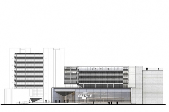 Centro de Referência em Empreendedorismo do Sebrae-MG, fachada Avenida Barão Homem de Melo, 2º lugar. Arquiteto Francisco Spadoni, 2008<br />Desenho escritório 