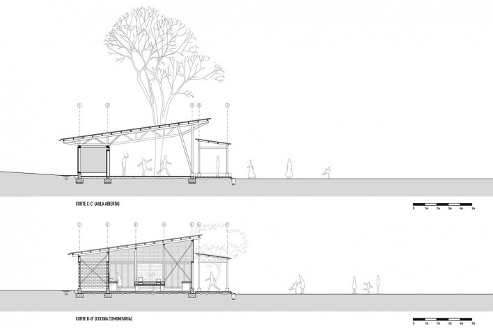 Centro de Cultura y Ecología Quiané, cortes CC y DD, Santa Catarina Quiané, Oaxaca, México, 2020. Atarraya Taller de Arquitectura; DesignBuild Studio; Universidad de Ciencias Aplicadas de Múnich; Frente por la Defensa de la Tierra; Comunidad de Santa Cata<br />Imagen divulgación  [Atarraya Taller de Arquitectura]