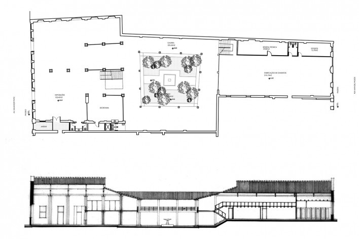 Centro Cultural Dannemann, planta do pavimento térreo e corte transversal, São Félix BA, 1986/89<br />Imagem divulgação  [Arquivo Paulo Ormindo de Azevedo]