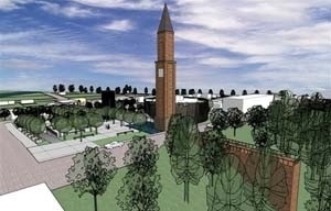 O mirante em alvenaria, visível desde a RS 444. Conforma uma maior imponência ao campanário, enfatizando o “eixo”de projeto e possibilitando uma nova apreciação do mesmo e do vale que o cerca. Na composição arquitetônica, ele fortaleceu o campanário<br />Imagem do autor do projeto 