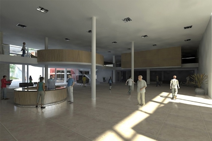 Centro de Referência em Empreendedorismo do Sebrae-MG, foyer, 1º lugar. Arquiteto Andreoni da Silva Prundêncio, 2008<br />Desenho escritório 